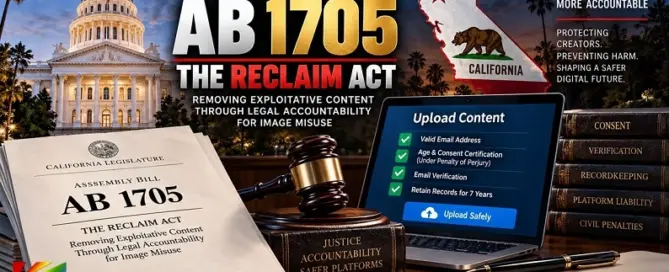 California AB 1705 RECLAIM Act editorial graphic highlighting new consent, verification and recordkeeping requirements for adult UGC websites.