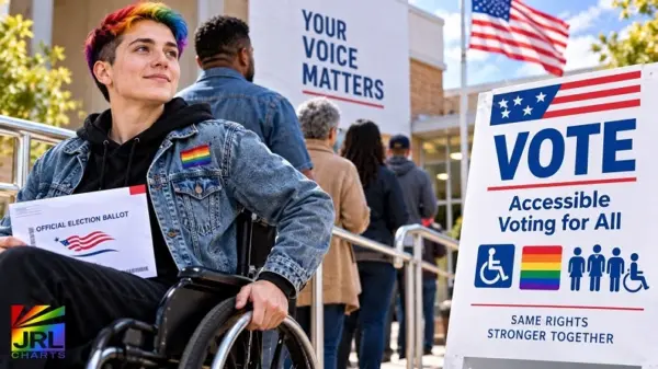 LGBTQ voter using a wheelchair and holding an election ballot outside an accessible polling location.