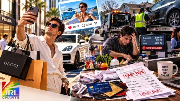 Fake rich economy illustration showing luxury shopping and social media lifestyles contrasted with car repossession, rising grocery costs, declined cards and past-due bills.