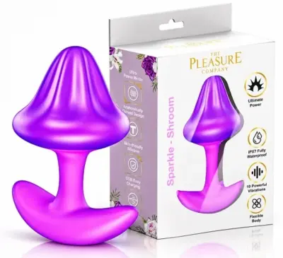 Purple Sparkle Shroom vibrating plug with The Pleasure Company retail packaging from Full Circle Brands