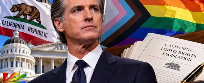 Gavin Newsom with California Capitol and Pride flag illustrating new California LGBTQ laws
