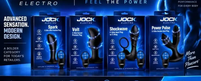 JOCK Electro collection from XR Brands featuring Spark, Volt, Shockwave and Power Pulse e-stim products.