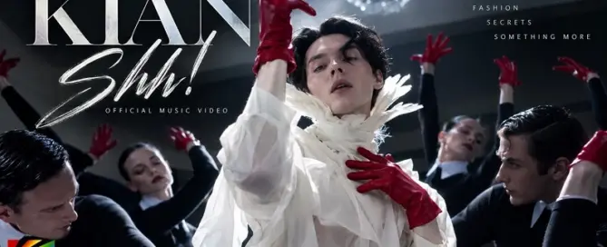 KIAN, the stage name of Kristian Kostov, in the Shh! official music video surrounded by dancers in dramatic high-fashion styling.