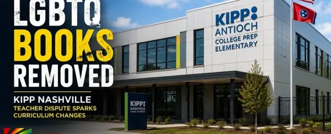 KIPP Nashville school illustration representing the removal of LGBTQ-themed books following a teacher curriculum dispute.