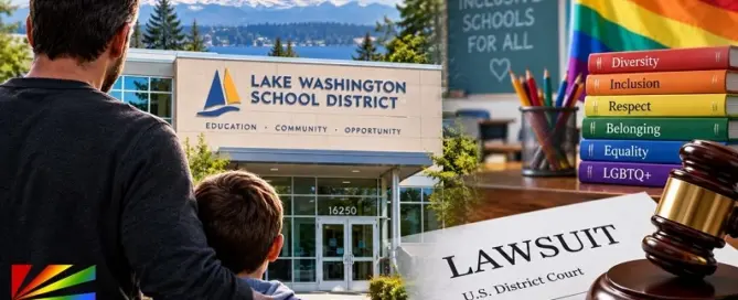 Editorial illustration of father and son outside Lake Washington School District with LGBTQ inclusion symbols and federal lawsuit imagery
