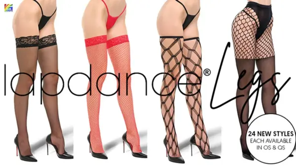 Four hosiery designs from the new Lapdance Legs 24-style collection by XGEN Products