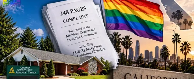 Coloma Seventh-day Adventist Church illustrated with its 248-page complaint over LGBTQ acceptance at California Adventist churches.
