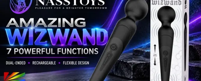 Nasstoys Amazing Wizwand black rechargeable dual-ended massager with seven powerful functions and retail packaging