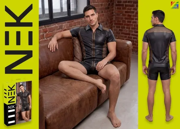 Model wearing NEK black and bronze men's fashion while seated in an industrial loft