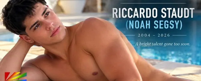 Memorial image of gay adult star Noah Segsy, born Riccardo Staudt, who died at age 22 after drowning in Cyprus.