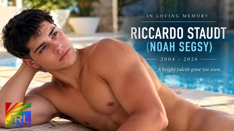 Memorial image of gay adult star Noah Segsy, born Riccardo Staudt, who died at age 22 after drowning in Cyprus.