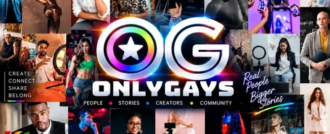 OnlyGays LGBTQ creator directory promotional image featuring a diverse community of digital creators.