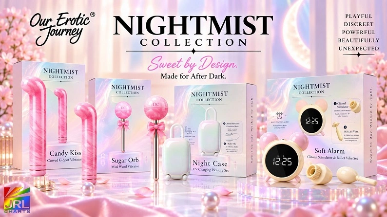 Our Erotic Journey Nightmist Collection featuring Candy Kiss, Sugar Orb, Night Case and Soft Alarm pleasure products with retail packaging.