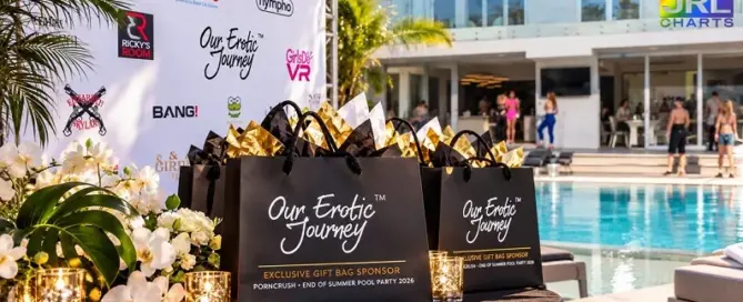 Our Erotic Journey gift bags displayed at the PornCrush Hollywood Hills pool party