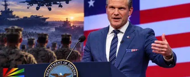 Editorial illustration of Defense Secretary Pete Hegseth addressing U.S. military forces as the Pentagon expands autonomous warfare
