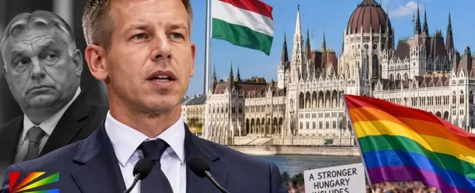 Péter Magyar with Hungarian Parliament, Hungary flag and LGBTQ Pride imagery representing adoption reform