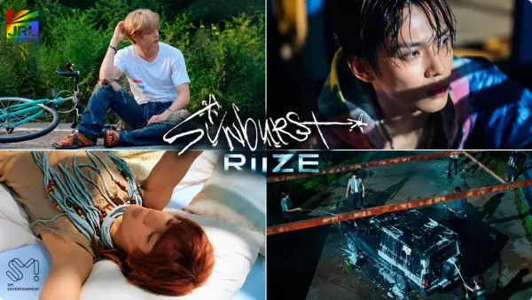Four-screen collage from RIIZE’s “Sunburst” music video showing its cinematic summer visuals and Japanese release.