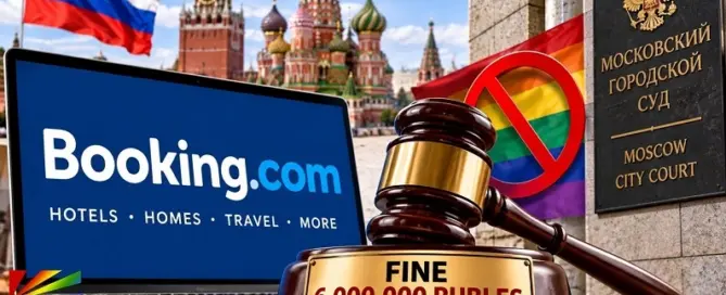 Editorial illustration of Booking.com facing a 6 million ruble fine under Russia LGBT laws