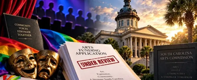 Editorial illustration depicting the South Carolina Arts Commission review of grants involving two LGBTQ+ arts organizations.