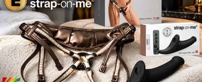 Strap-On-Me Desirous Harness and Multi Orgasm Dildo displayed with retail packaging for the specialty pleasure products market.