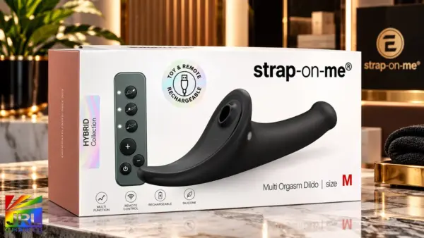 Strap-On-Me Multi Orgasm Dildo Black Medium shown in Hybrid Collection retail packaging with rechargeable remote-control features.