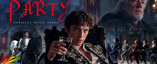 Troye Sivan Party official music video editorial artwork featuring the medieval castle setting, dancers and Ian McKellen