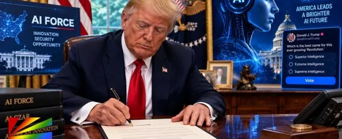 Editorial illustration of President Donald Trump at the Oval Office desk highlighting his proposed AI Force, new AI czar and artificial intelligence policy plans.