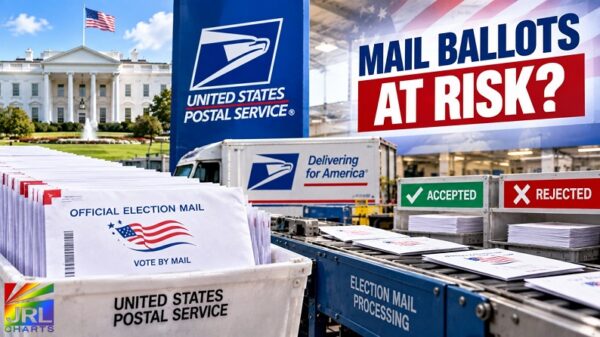 Editorial illustration of Donald Trump and Postmaster General David Steiner with USPS election ballots and mail processing operations.