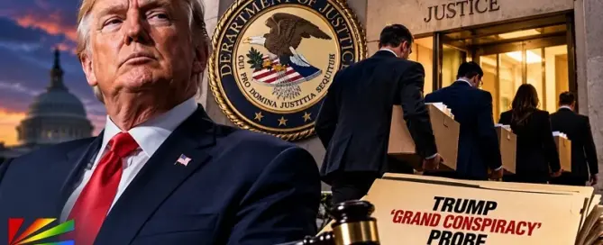 Editorial illustration of Donald Trump, the Department of Justice and prosecutors departing amid the DOJ grand conspiracy investigation.