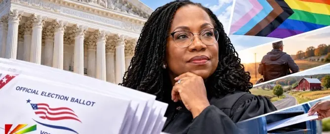 Justice Ketanji Brown Jackson with the U.S. Supreme Court, mail-in ballots, LGBTQ Pride flag and disabled voter imagery.