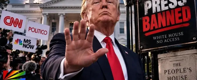 Editorial image of President Donald Trump outside the White House as CNN, Politico and MS NOW face press access restrictions.