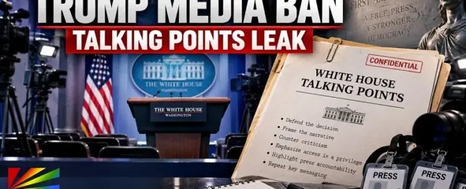 Trump White House Media Ban editorial image featuring White House talking points, press credentials and the White House briefing room.