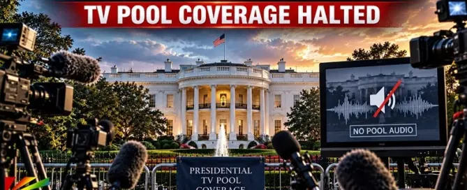 White House press cameras illustrate the presidential TV pool coverage suspension amid the Trump administration media-access dispute.