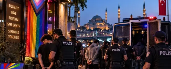 Illustration of Turkish police conducting raids targeting LGBTQ venues and activists in Turkey
