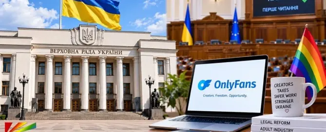 Ukraine parliament and OnlyFans imagery illustrating Bill 15294 and proposed porn reform affecting the gay adult industry