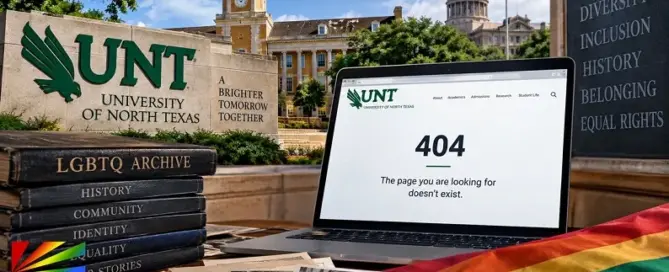 University of North Texas LGBTQ Archive editorial image featuring a 404 webpage, historical records and LGBTQ Pride imagery.
