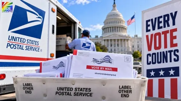 USPS election mail operation with mail-in ballots, postal worker and U.S. Capitol ahead of the 2026 midterm elections.