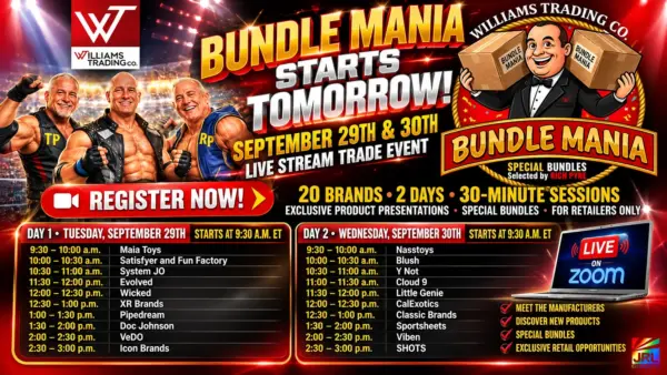 Williams Trading Bundle Mania September 29–30 live stream schedule featuring 20 pleasure product brands in two days of retailer presentations