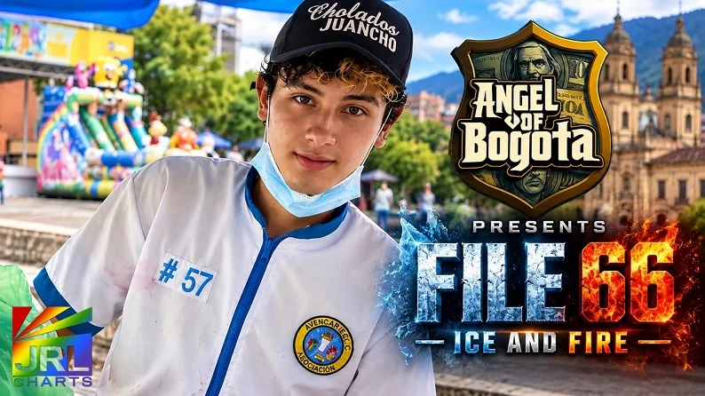 Angel of Bogota File 66 – Ice and Fire promotional artwork featuring a Colombian ice cream vendor, the Angel of Bogota logo, and an ice-and-fire title design.