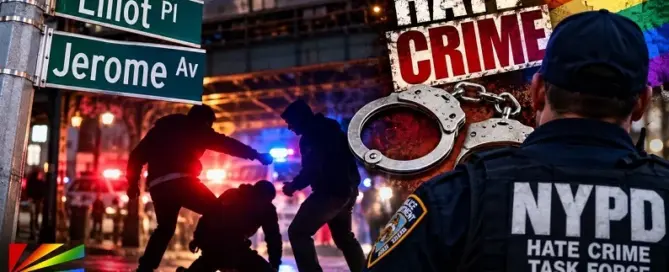 Editorial illustration of a Bronx anti-LGBTQ attack and NYPD hate crime investigation near Elliot Place and Jerome Avenue.