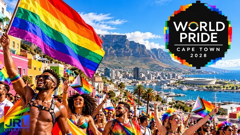 Cape Town Pride editorial illustration featuring LGBTQ festivalgoers, rainbow flags, Table Mountain and WorldPride Cape Town 2028 branding.