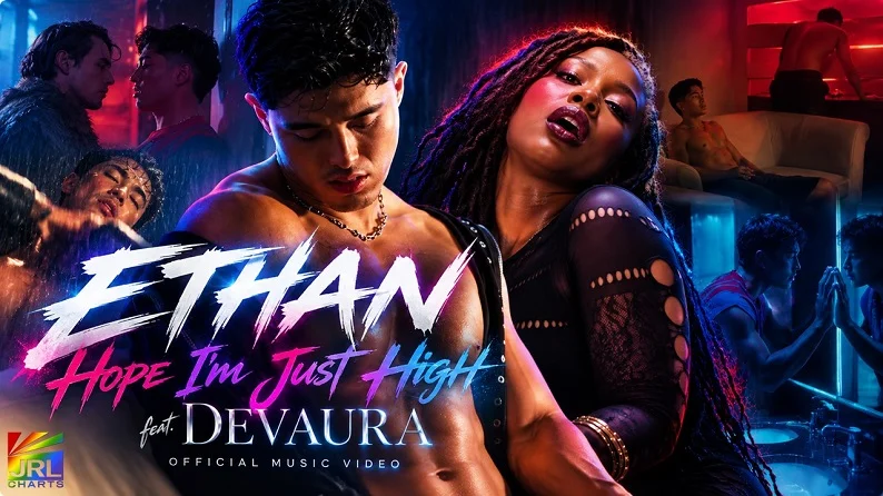 ETHAN and DEVAURA featured in cinematic promotional artwork for the Hope I'm Just High official music video.