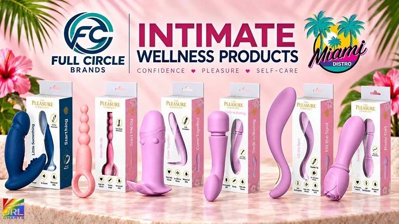 Full Circle Brands showcases six new The Pleasure Company intimate wellness products with Miami Distro branding.