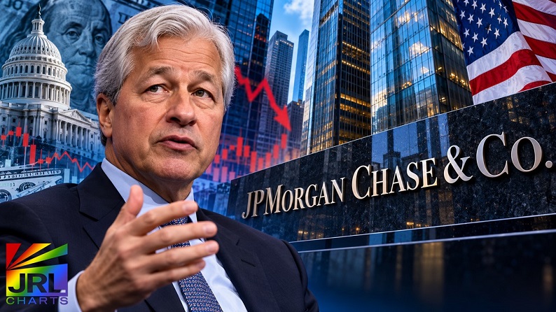 Editorial illustration of JPMorgan Chase CEO Jamie Dimon with Wall Street buildings, the U.S. Capitol and falling market charts representing five U.S. economic threats.