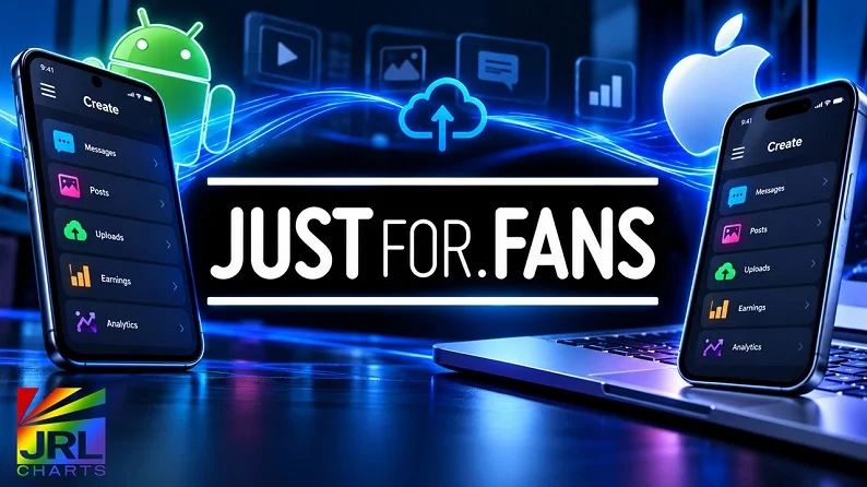 JustFor.fans JFF Create Android and iPhone app launch illustrated with two smartphones, creator dashboards and cloud technology.