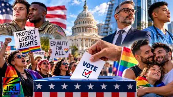 LGBTQ American community editorial collage featuring military personnel, business professionals, healthcare workers, civil rights protesters and families.