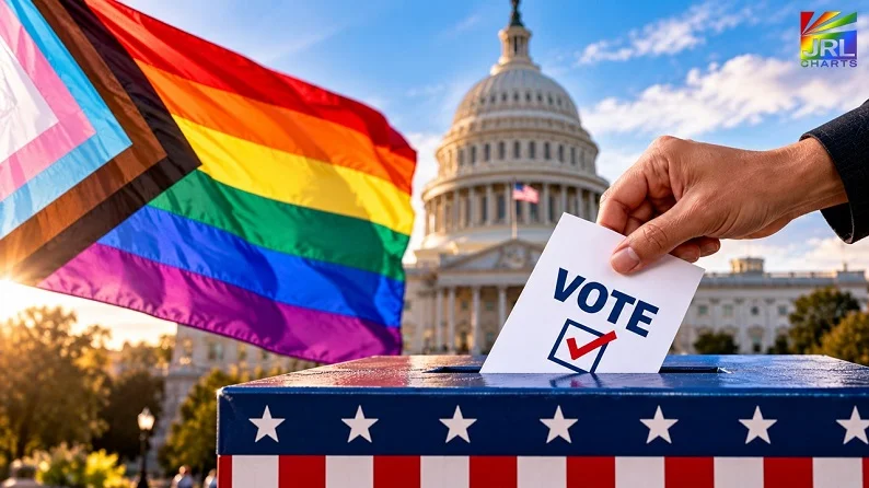 LGBTQ voters 2026 midterms editorial illustration featuring a Progress Pride flag, ballot box and U.S. Capitol.