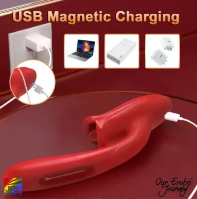 Our Erotic Journey Licktapia vibrator with USB magnetic charging compatibility for wall adapters, laptops and power banks.