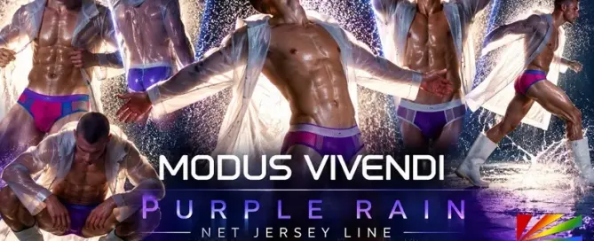 MODUS VIVENDI Purple Rain campaign featuring male model showcasing colorful Net Jersey underwear in a dramatic rain-soaked fashion collage.
