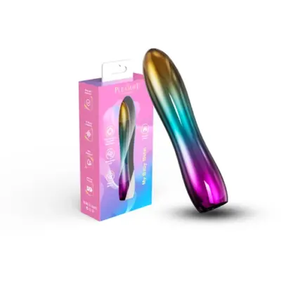 My Baby Bullet Vibe Metal Rainbow by The Pleasure Company, featuring a multicolored metallic vibrator displayed beside its original pink retail packaging.